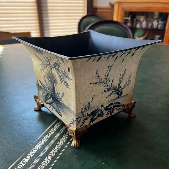 Other - Decorative Leafy Cream and Blue Pot for Artificial Plants or Storage